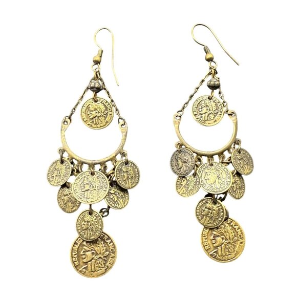 N/A Jewelry - Vintage Coin Dangle Drop Chandelier Earrings Brass Tone Boho Ethnic Retro